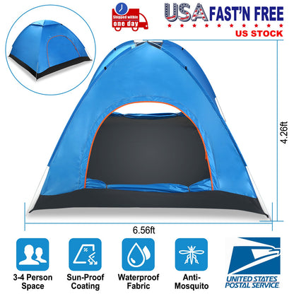 4 Persons Camping Waterproof Tent Pop Up Tent Instant Setup Tent w/2 Mosquito Net Doors Carrying Bag Folding 4 Seasons for Hiking Climbing Adventure F