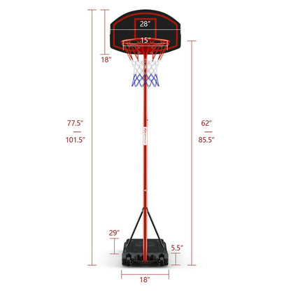 Adjustable Basketball Hoop System Stand Portable with 2 Wheels Fillable Base-Black & Red