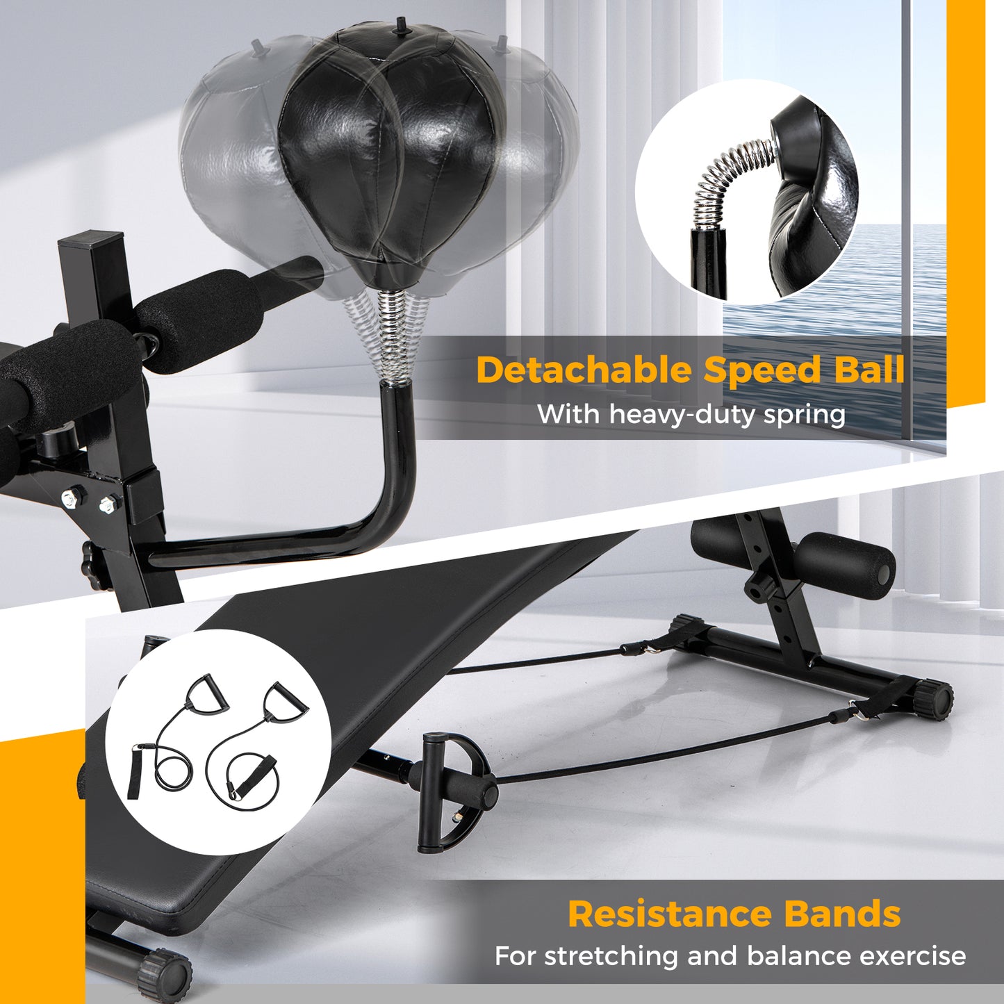 Adjustable Decline Sit Up Bench for Exercise for Home Gym with Speed Ball and 2 Resistance Bands