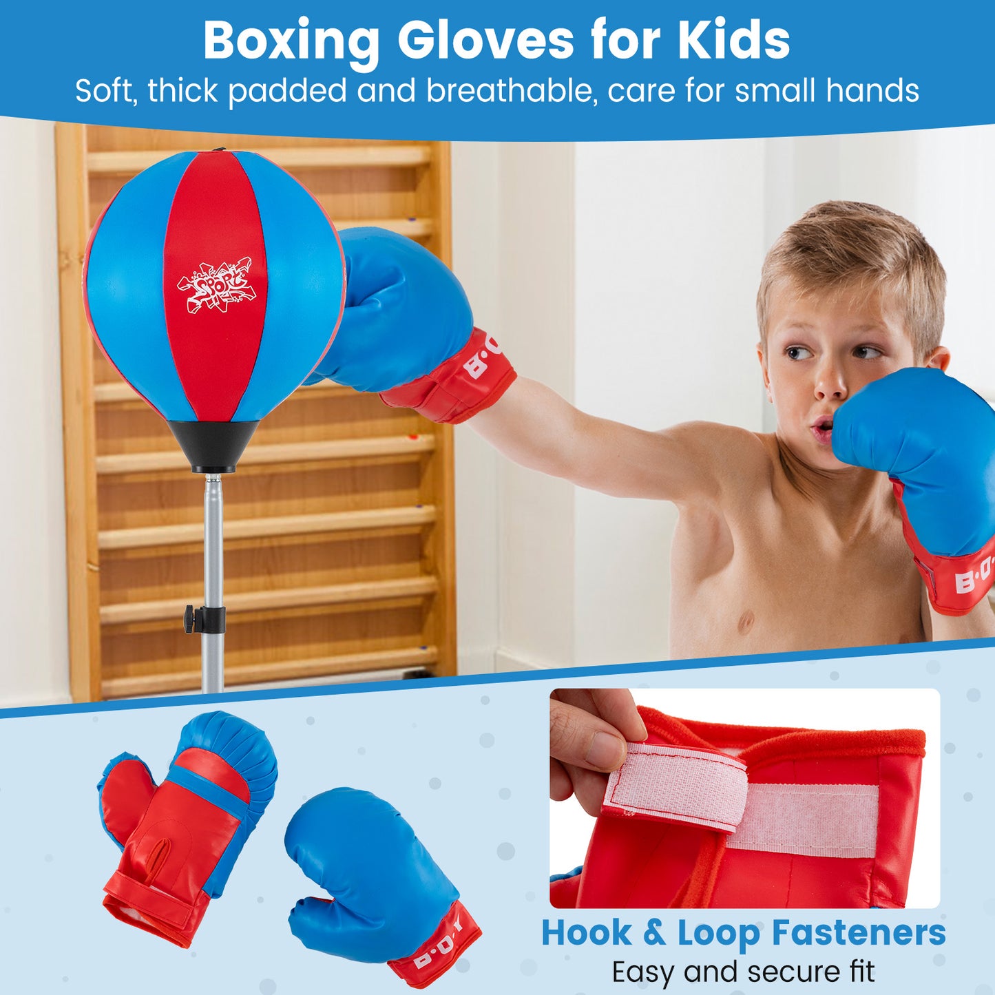 Adjustable Punching Bag with Stand and Boxing Gloves for Both Adults and Kids-Blue