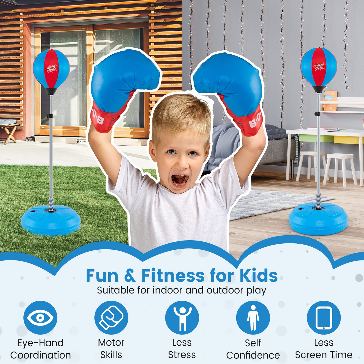 Adjustable Punching Bag with Stand and Boxing Gloves for Both Adults and Kids-Blue