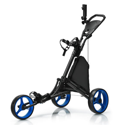 Folding 3 Wheels Golf Push Cart with Bag Scoreboard Adjustable Handle-Blue