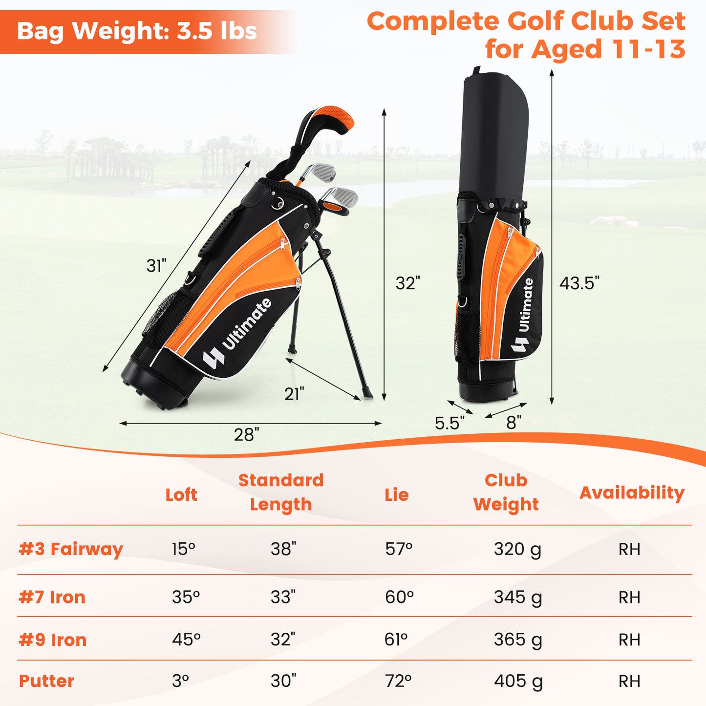 Complete Golf Club Set for Children Age 11-13-Orange
