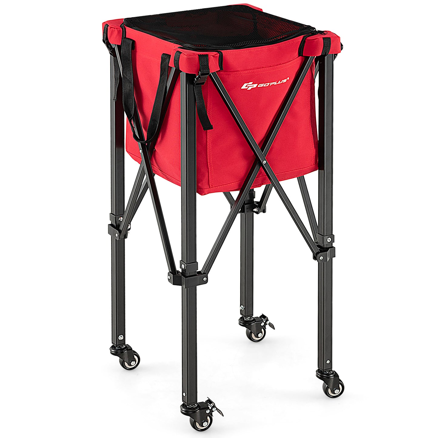 Lightweight Foldable Tennis Ball Teaching Cart with Wheels and Removable Bag-Red
