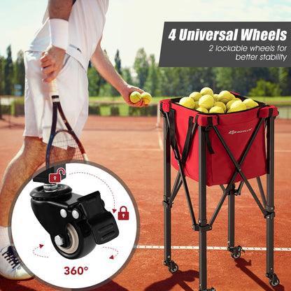 Lightweight Foldable Tennis Ball Teaching Cart with Wheels and Removable Bag-Red