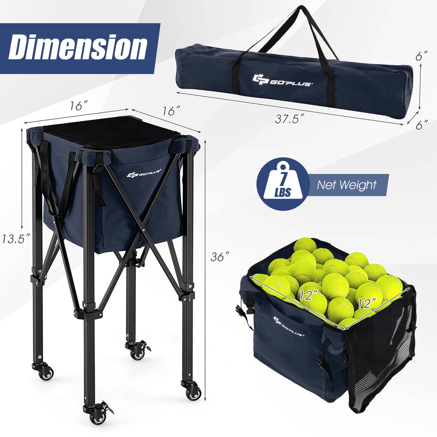 Lightweight Foldable Tennis Ball Teaching Cart with Wheels and Removable Bag-Blue