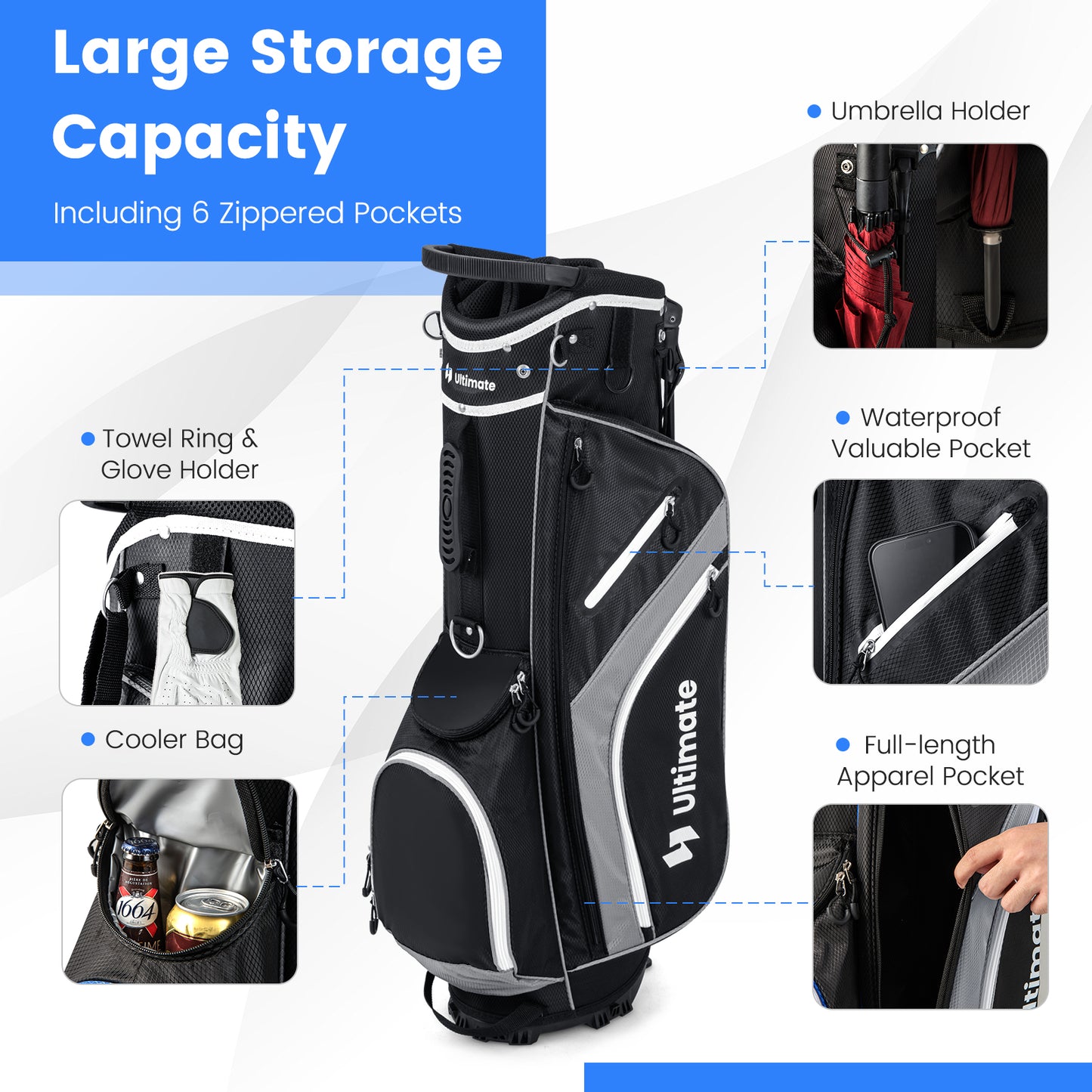 Lightweight Golf Stand Bag with 14 Way Top Dividers and 6 Pockets-Gray