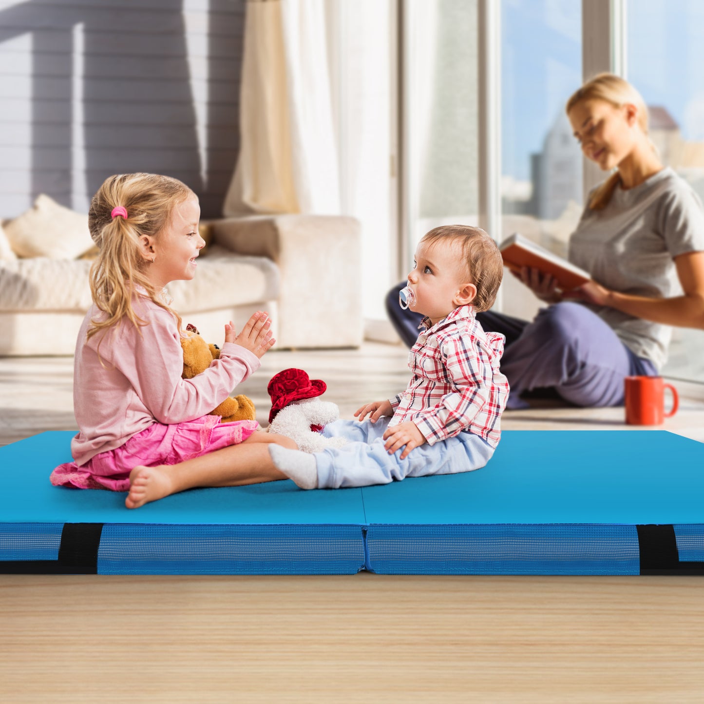 4ft x 4ft x 4in Bi-Folding Gymnastic Tumbling Mat with Handles and Cover-Blue