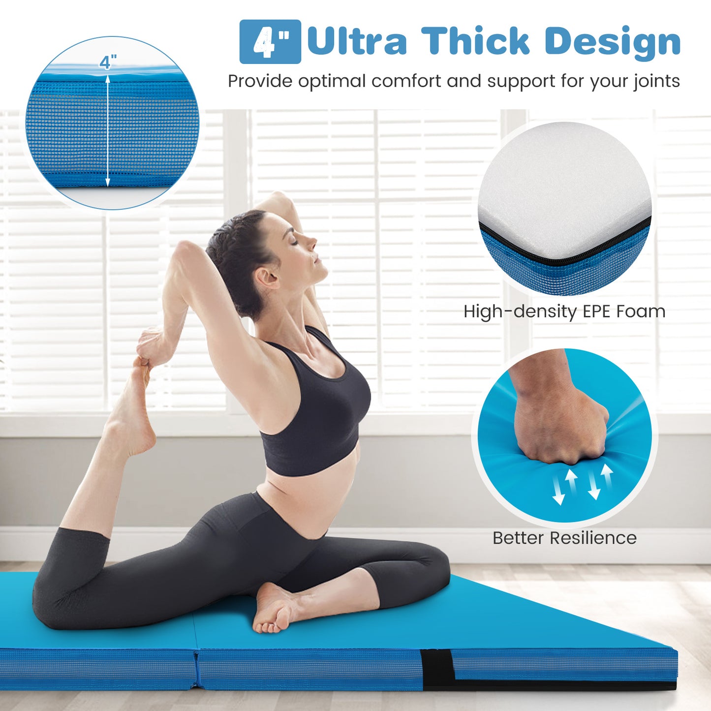 4ft x 4ft x 4in Bi-Folding Gymnastic Tumbling Mat with Handles and Cover-Blue