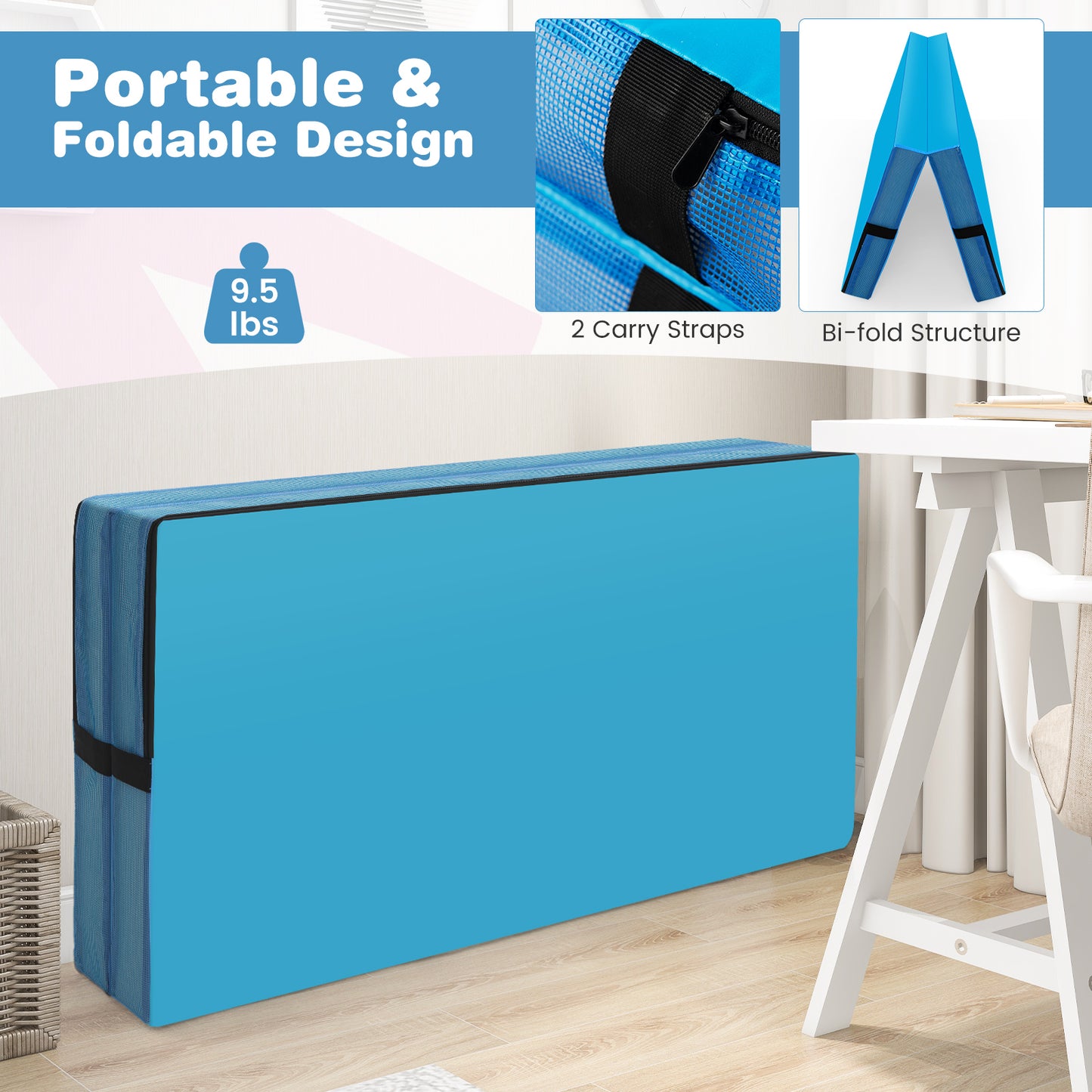 4ft x 4ft x 4in Bi-Folding Gymnastic Tumbling Mat with Handles and Cover-Blue