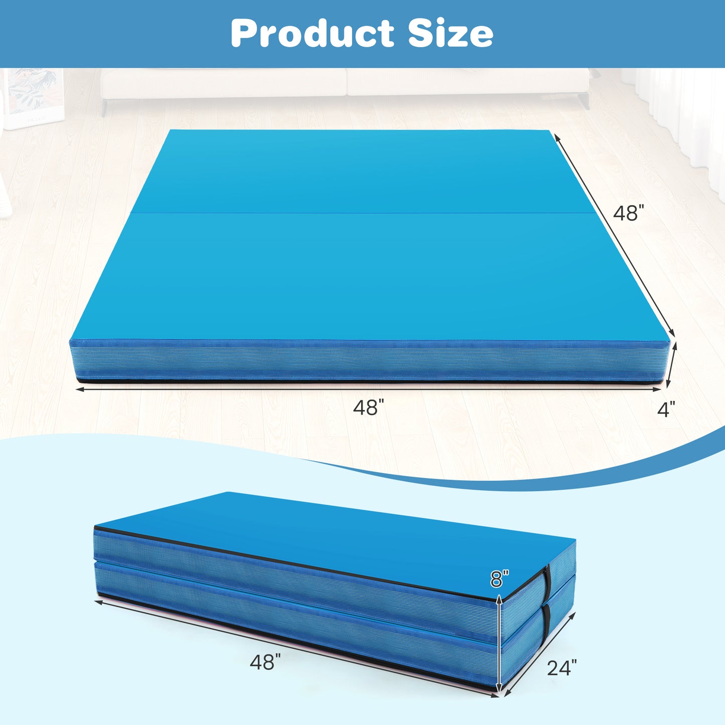 4ft x 4ft x 4in Bi-Folding Gymnastic Tumbling Mat with Handles and Cover-Blue