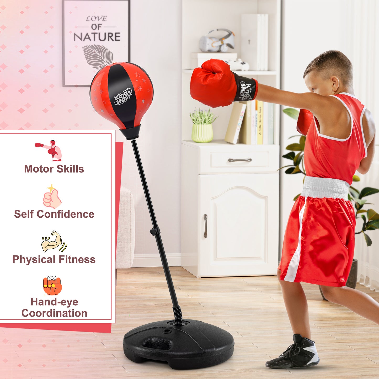 Kids Adjustable Stand Punching Bag Toy Set with Boxing Glove-Red