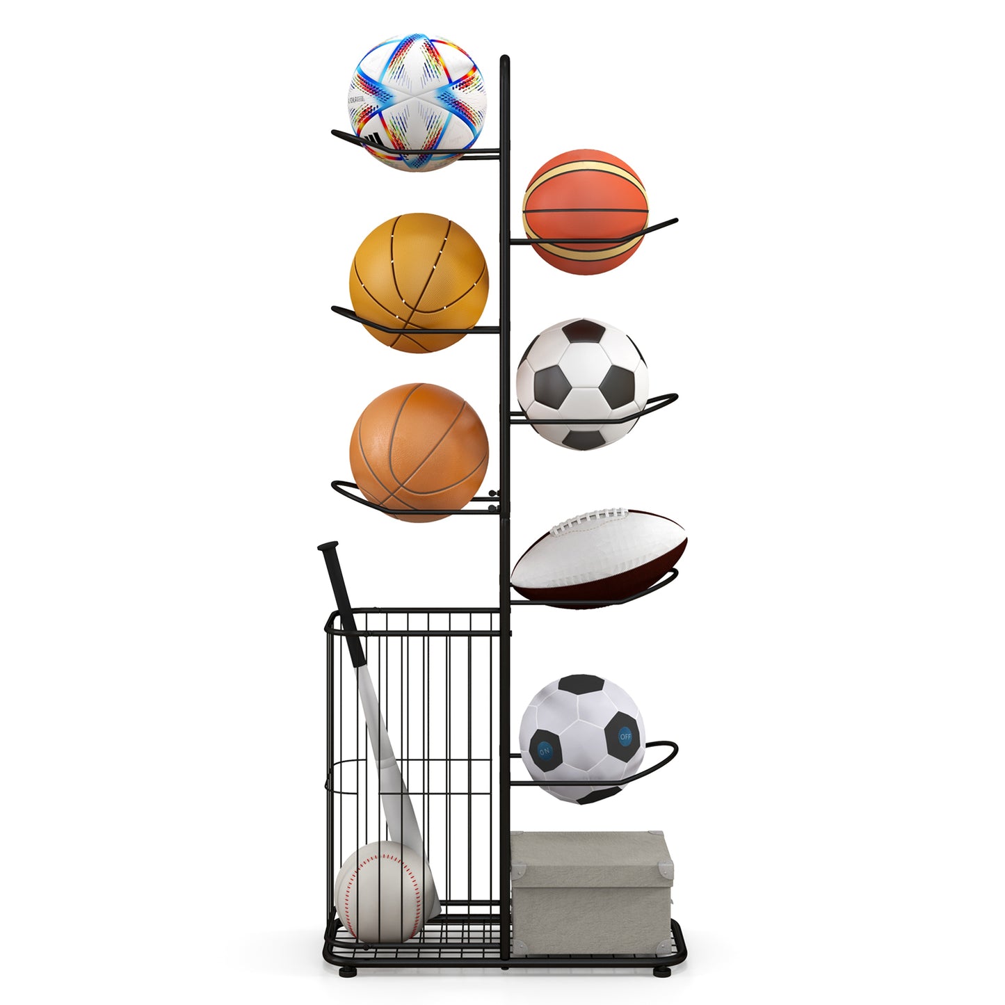 Metal Basketball Holder with 7 Removable Hanging Rods and Side Ball Basket