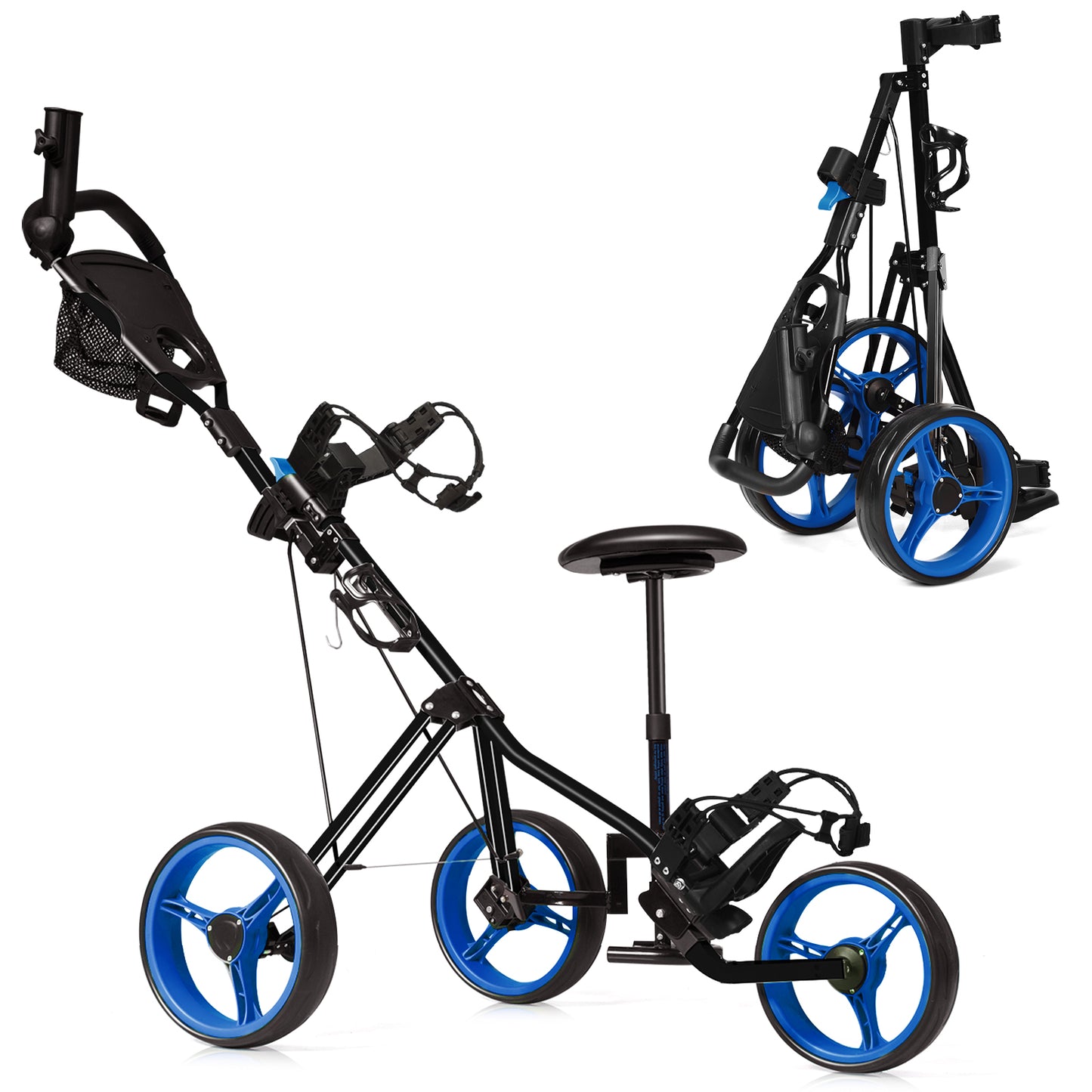 Foldable 3 Wheels Push Pull Golf Trolley with Scoreboard Bag-Navy