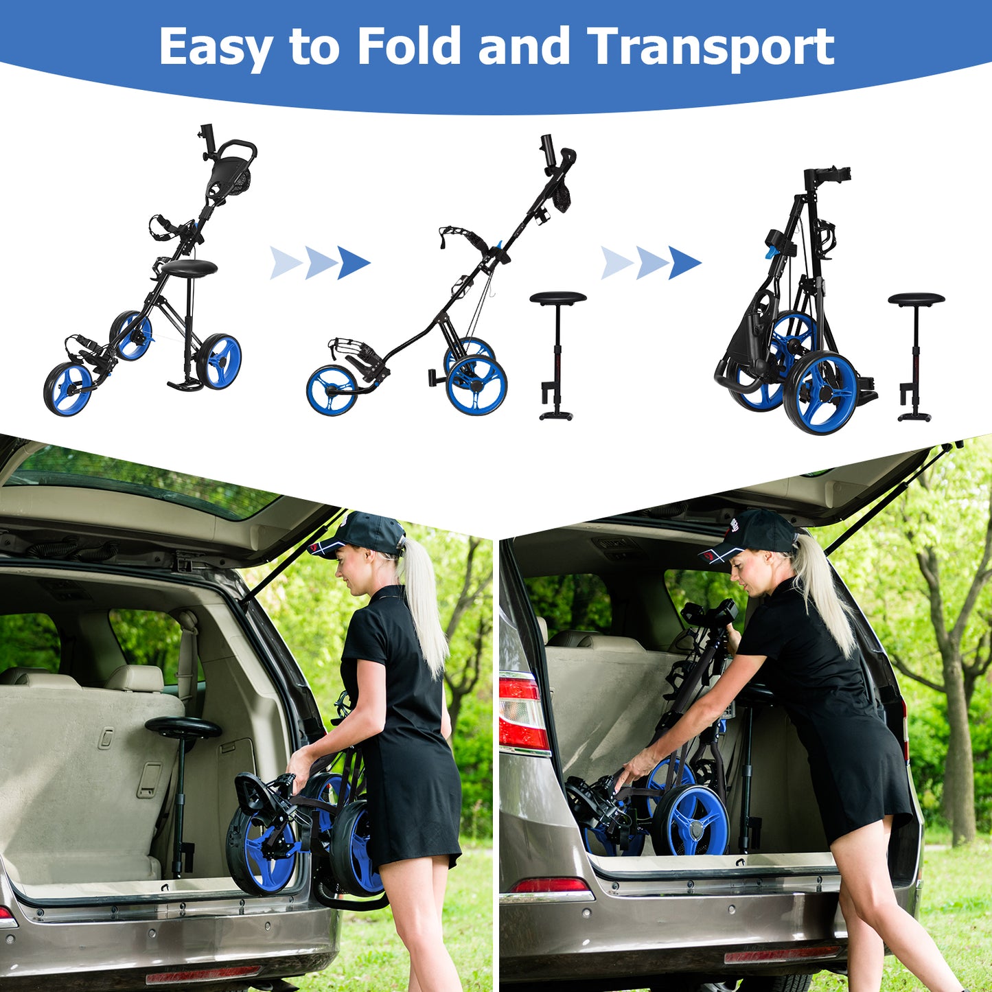 Foldable 3 Wheels Push Pull Golf Trolley with Scoreboard Bag-Navy