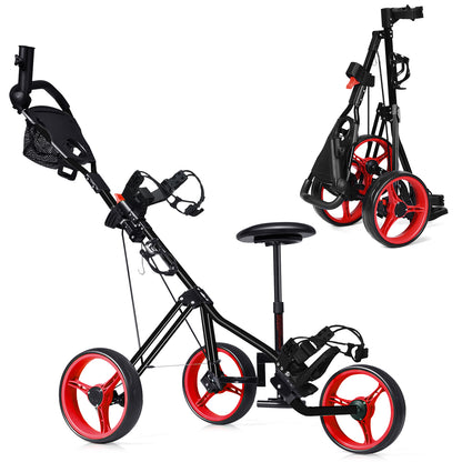 Foldable 3 Wheels Push Pull Golf Trolley with Scoreboard Bag-Red