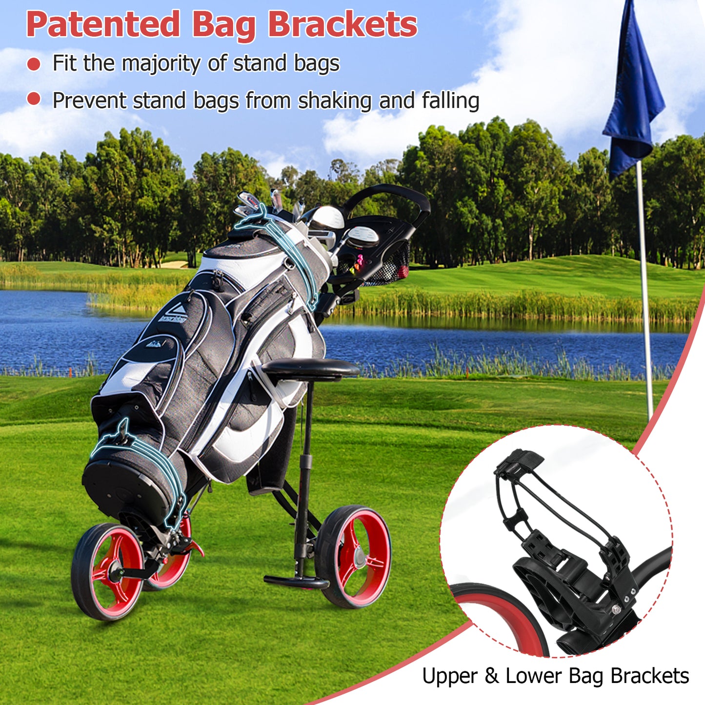 Foldable 3 Wheels Push Pull Golf Trolley with Scoreboard Bag-Red