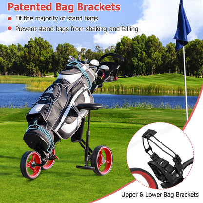 Foldable 3 Wheels Push Pull Golf Trolley with Scoreboard Bag-Red