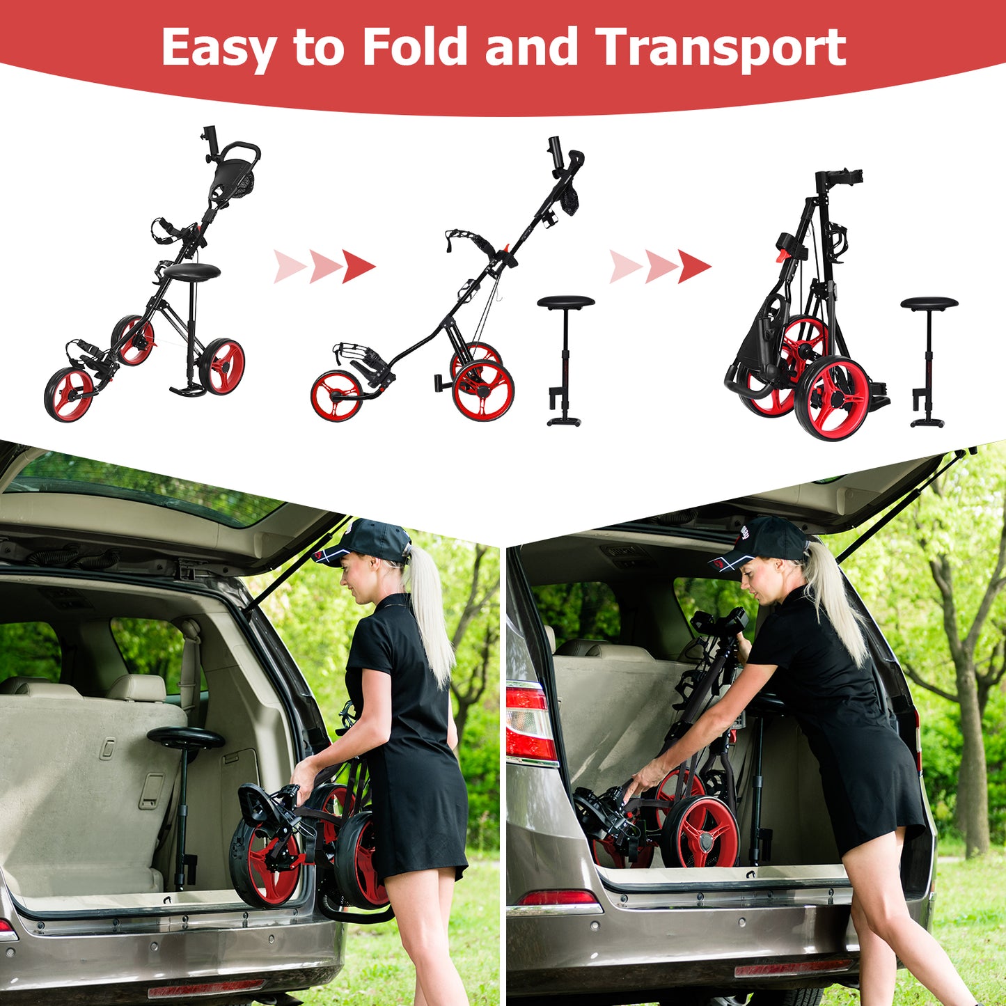 Foldable 3 Wheels Push Pull Golf Trolley with Scoreboard Bag-Red