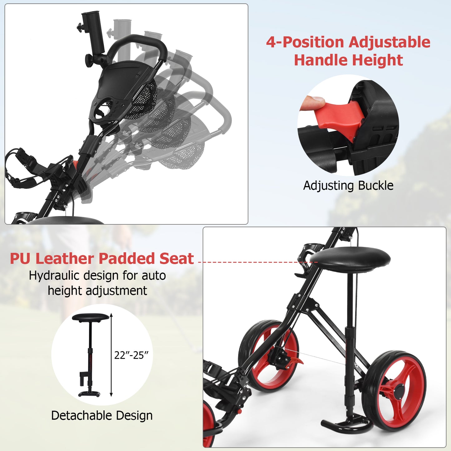 Foldable 3 Wheels Push Pull Golf Trolley with Scoreboard Bag-Red
