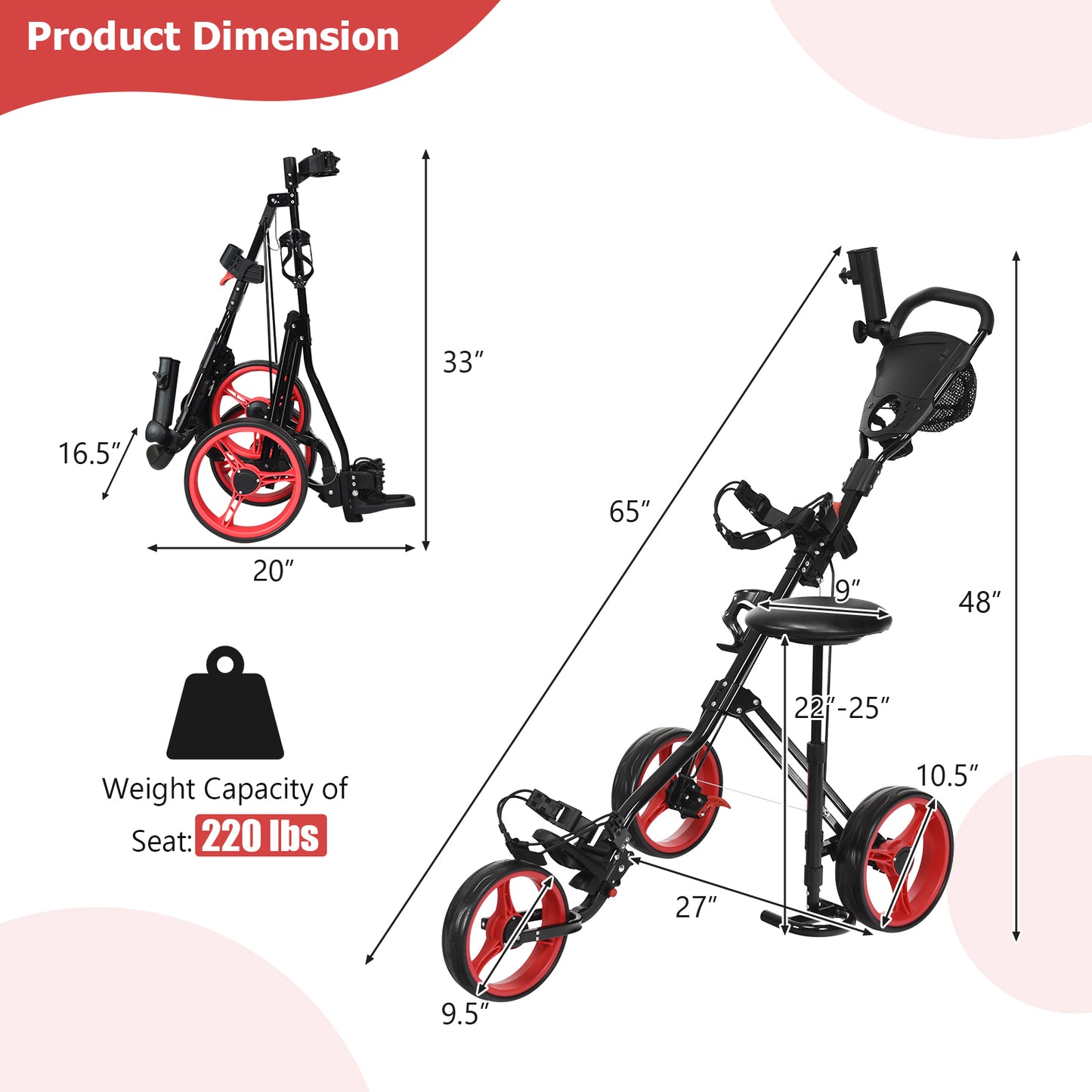 Foldable 3 Wheels Push Pull Golf Trolley with Scoreboard Bag-Red
