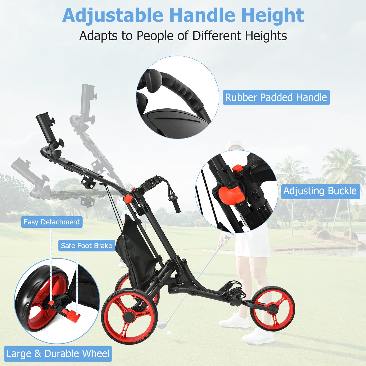 Folding 3 Wheels Golf Push Cart with Bag Scoreboard Adjustable Handle-Red