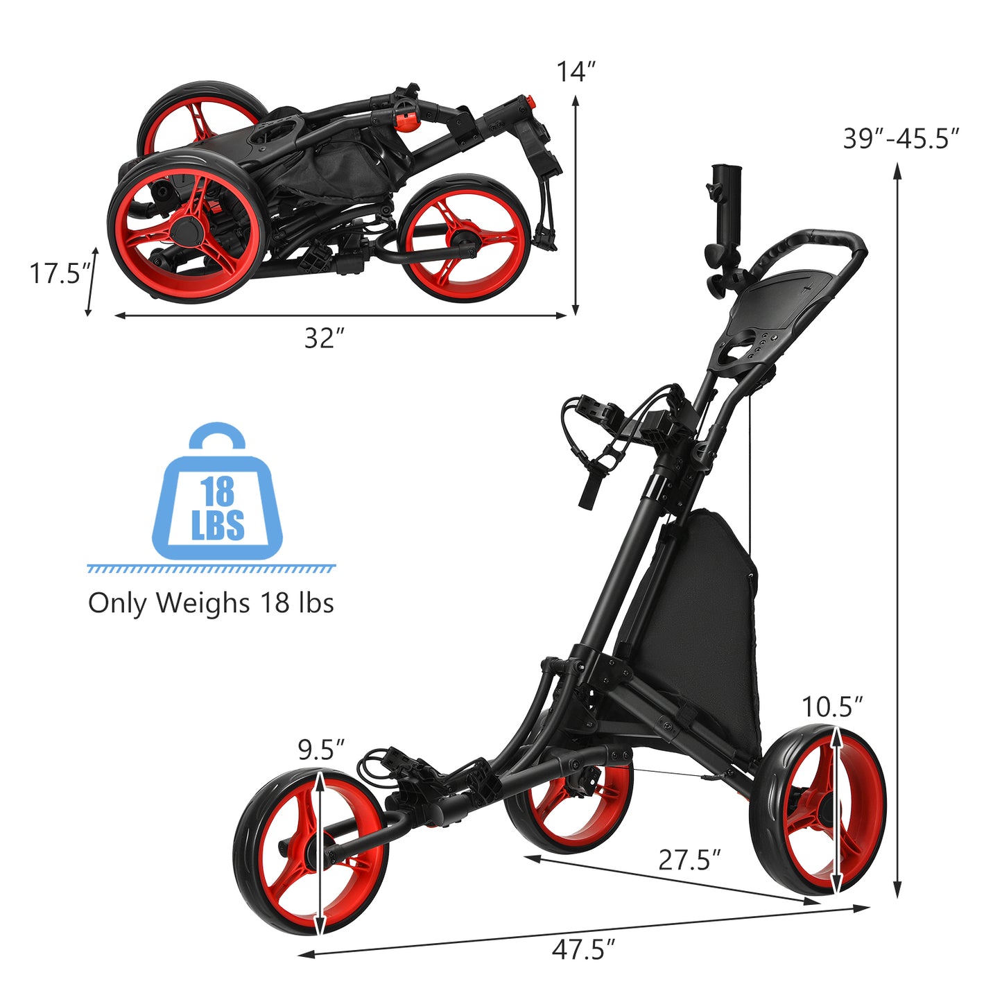 Folding 3 Wheels Golf Push Cart with Bag Scoreboard Adjustable Handle-Red