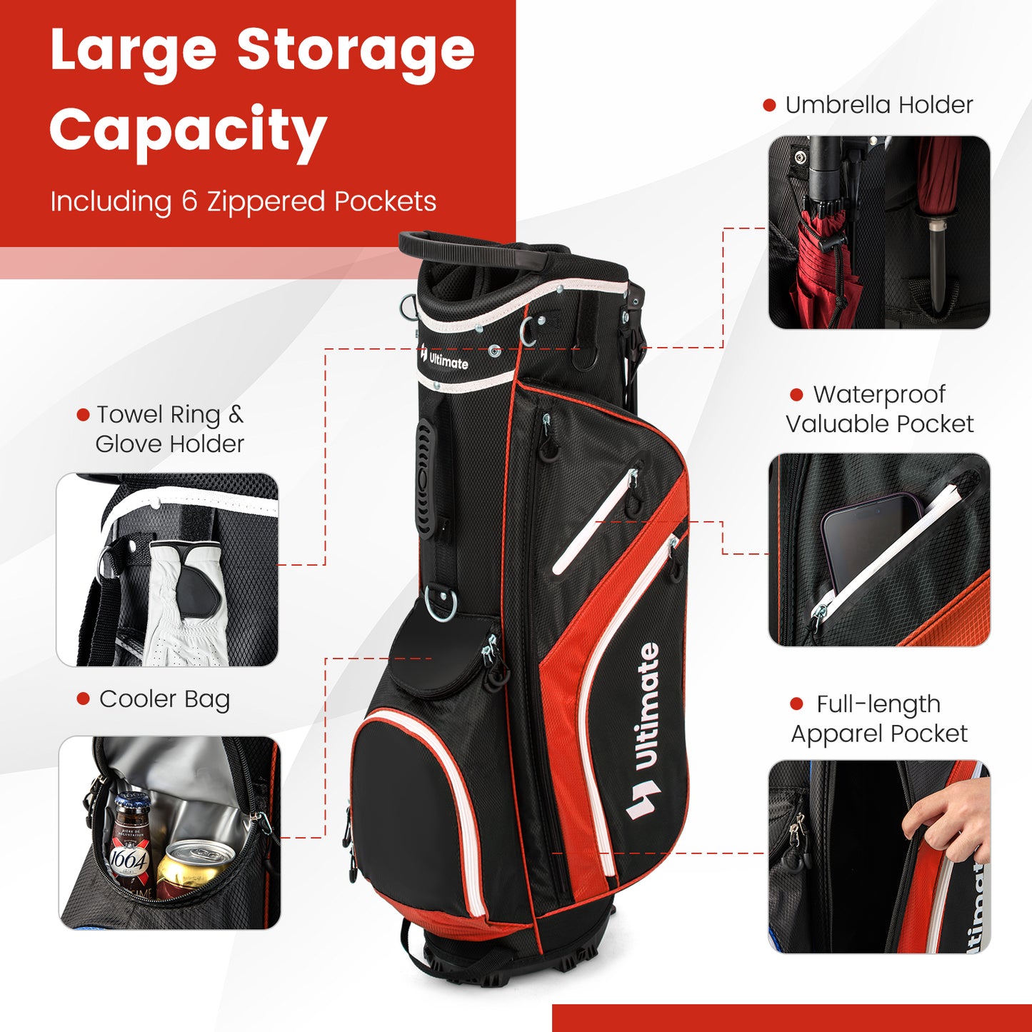 Lightweight Golf Stand Bag with 14 Way Top Dividers and 6 Pockets-Red