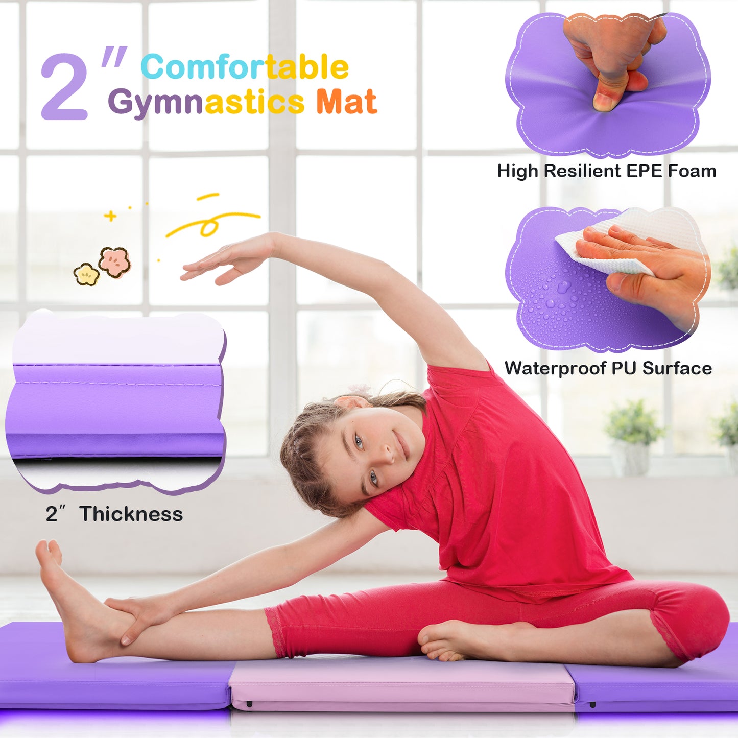 6 x 2 FT Tri-Fold Gym Mat with Handles and Removable Zippered Cover-Pink & Purple