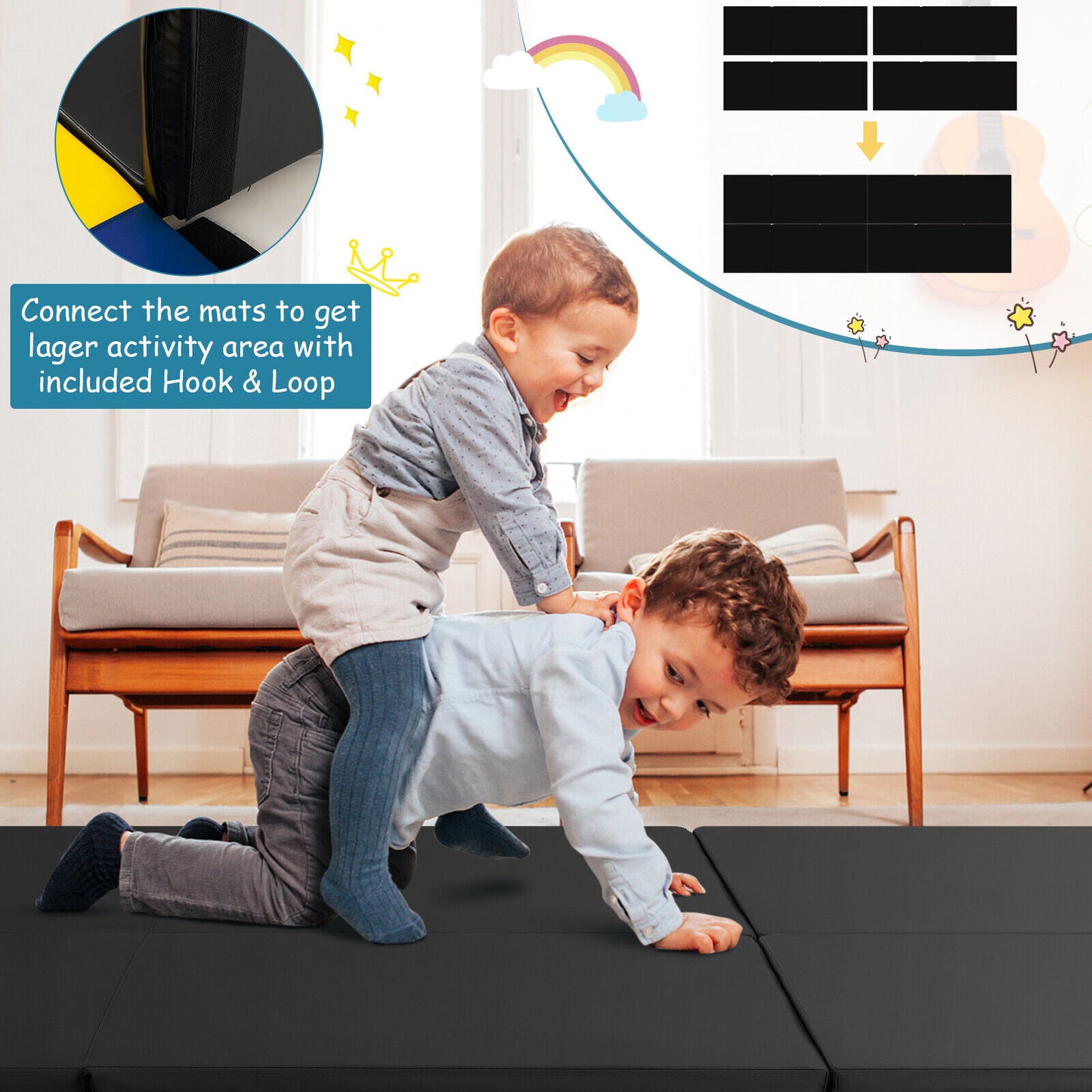 6 x 2 FT Tri-Fold Gym Mat with Handles and Removable Zippered Cover-Black