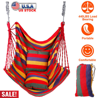 440LBS Hammock Hanging Chair Canvas Porch Patio Swing Seat Portable Camping Rope Seat w/ 2Pillows