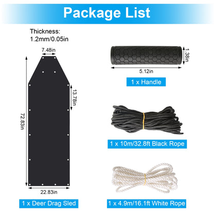 Deer Drag Sled with Handle Deer Cart Game Hauler Snow Sledding Pad Hunting Gear Supplies with 32.8FT Black Rope 16.1FT White Rope for Hunting Ice Fish