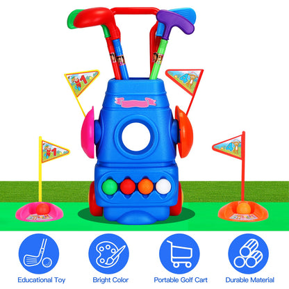 Toddler Golf Set with 4 Balls 4 Clubs 2 Holes 2 Flags Golf Cart Indoor Outdoor Golf Game Gift For 3-5 Years Old Kids