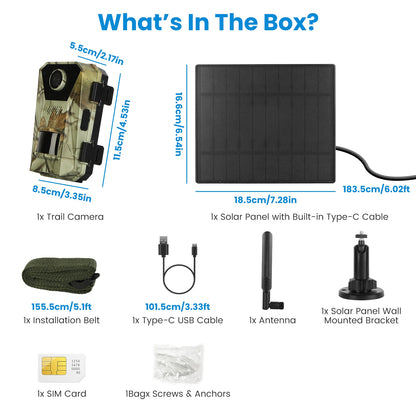 4G 4K 30FPS Solar Trail Camera Outdoor Wildlife Camera Motion Activated IP66 Waterproof with 140ºViewing Angle No Glow Night Vision SIM Card APP Contr