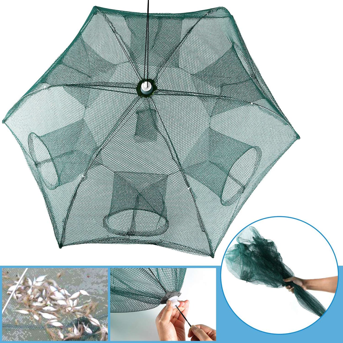 Fishing Trap Net Portable Folded Fishing Bait Trap Shrimp Minnow Crab Bait Net 6 Sides 6 Holes Crayfish Cast Mesh Trap Automatic