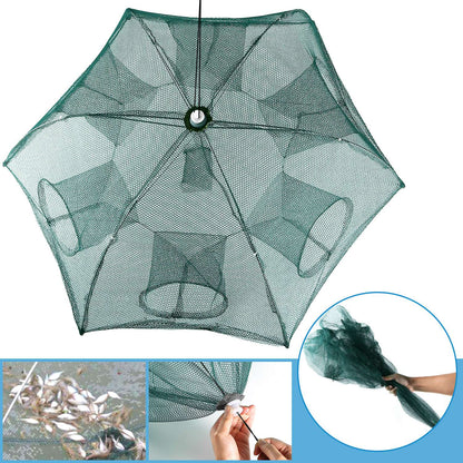 Fishing Trap Net Portable Folded Fishing Bait Trap Shrimp Minnow Crab Bait Net 6 Sides 6 Holes Crayfish Cast Mesh Trap Automatic