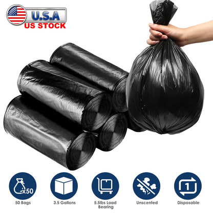 5 Rolls Overall 50 Count Black Garbage Bags Disposable Trash Bags Trash Can Liners Unscented Leak Resistant for Camping Toilet Home Office