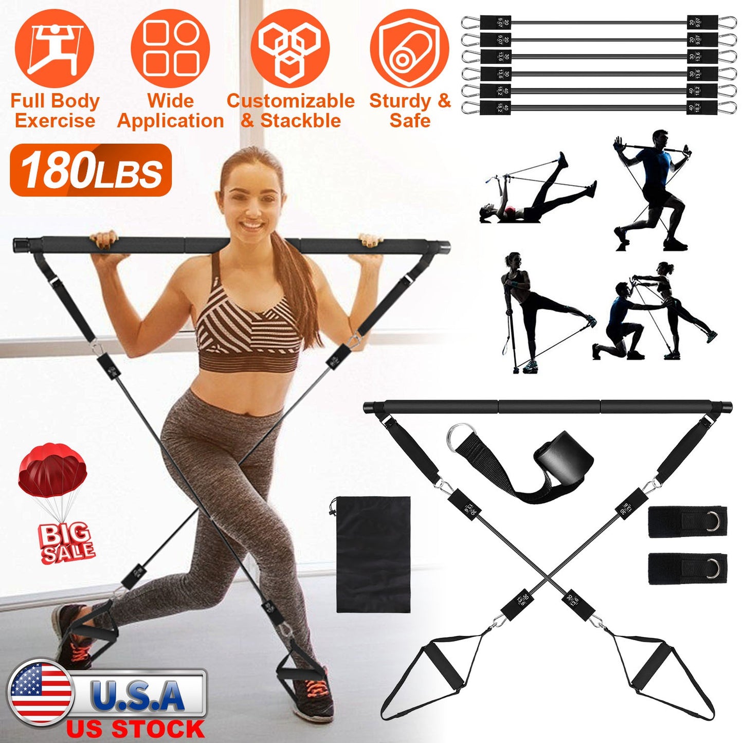 Pilates Bar Kit with 180LBS Resistance Bands Multifunctional Pilates Yoga Toning Bar Full Body Exercise Equipment Set for Beginners Intermediates Prof