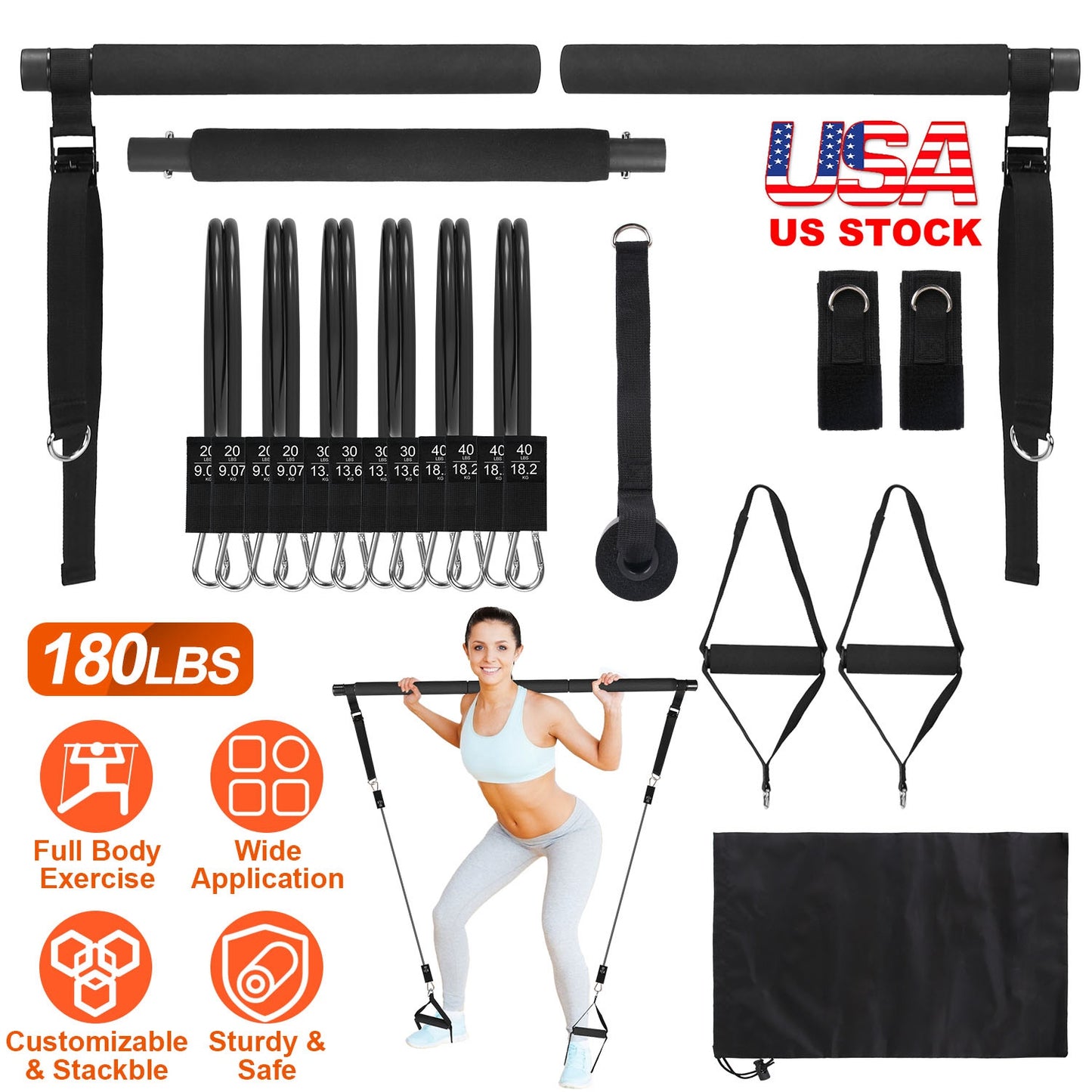 Pilates Bar Kit with 180LBS Resistance Bands Multifunctional Pilates Yoga Toning Bar Full Body Exercise Equipment Set for Beginners Intermediates Prof
