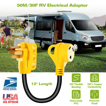 RV Electrical Dogbone Converter 50 AMP Male To 30 AMP Female Adapter Cable 12inch w/ Handle