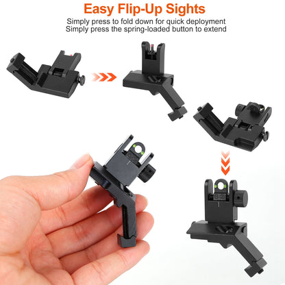45 Degree Offset Rear Front Flip Up Sights Fiber Optics Aluminum Sights Tactical Folding Back Up Sight Set with Red Green Dots Fit Picatinny Weaver Ra
